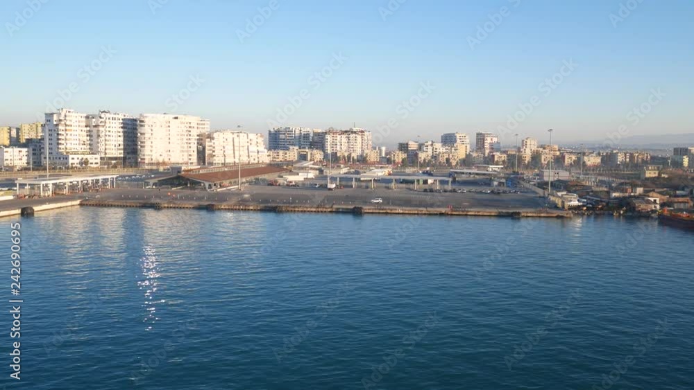 Durres, Albania - December 28 2018: the ship docks in the port of Durres Durres, Albania - December 28 2018: the ship docks in the port of Durres