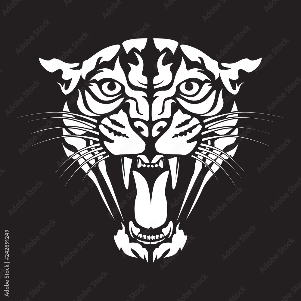 Leopard angry face tattoo. Vector illustration of jaguar head. Cougar print.
