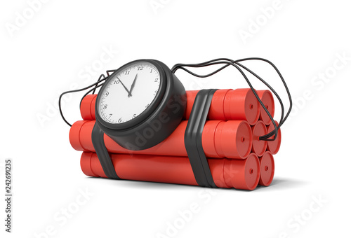 3d rendering of a bundle of dynamite sticks with a clock attached to the side of it on a white background.