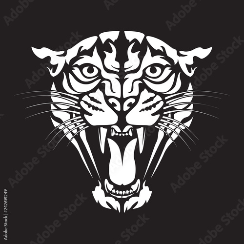 Leopard angry face tattoo. Vector illustration of jaguar head. Cougar print.