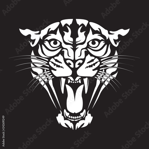 Leopard angry face tattoo. Vector illustration of jaguar head. Cougar print.