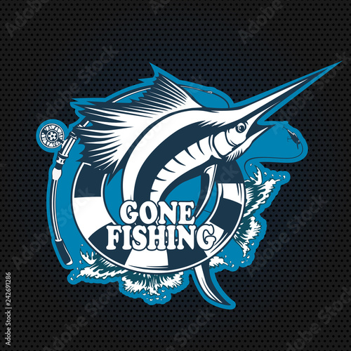 Marlin fish logo.Sword fish fishing emblem for sport club. Angry marlin fishing background theme vector illustration.