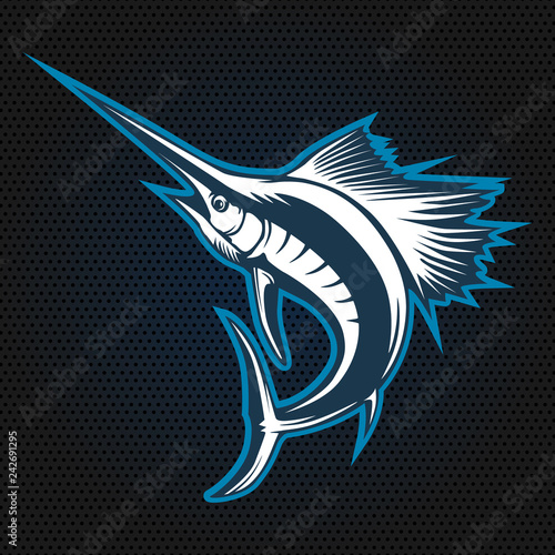 Marlin fish logo.Sword fish fishing emblem for sport club. Angry marlin fishing background theme vector illustration.