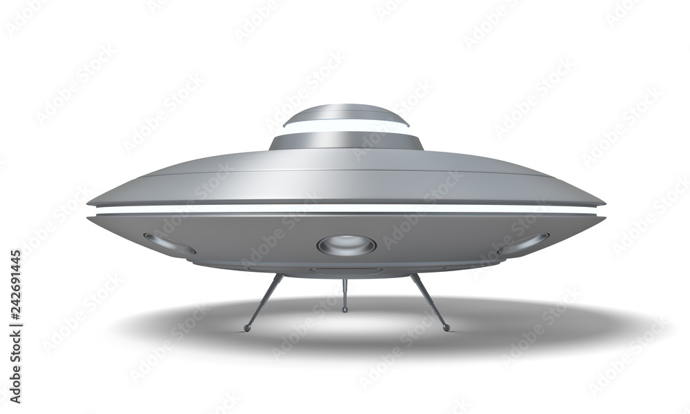3d rendering of a UFO standing on the ground with its hatch open isolated on a white background.