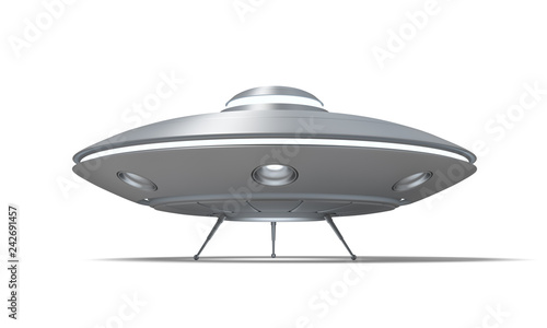 Fototapeta Naklejka Na Ścianę i Meble -  3d rendering of a UFO standing on the ground with its hatch open isolated on a white background.