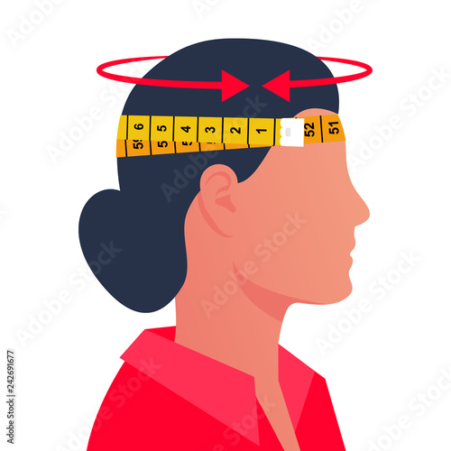 A woman measuring her head with a centimeter. Diameter of head. Vector illustration flat design. Isolated on white background. Remove the size.
