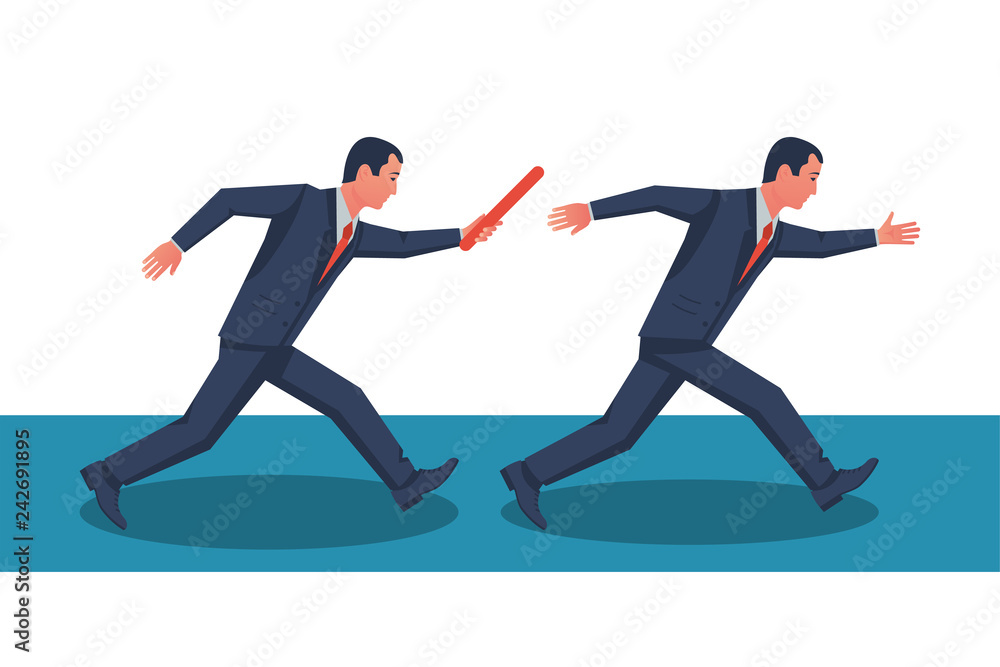 Teamwork concept. Two businessman passed from hand to hand relay baton. Vector illustration flat style design. Cooperation, partnership. Symbol of working together. Business metaphor. Running people.