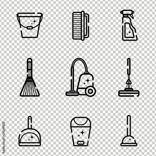 Vector set of flat icons for cleaning tools at home. Isolated objects on a transparent background. Cleaning the room, washing the floor and windows. Linear style