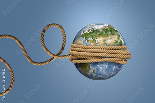 3d rendering of planet Earth, tied with a rope and thrown like a ball or a yo-yo.