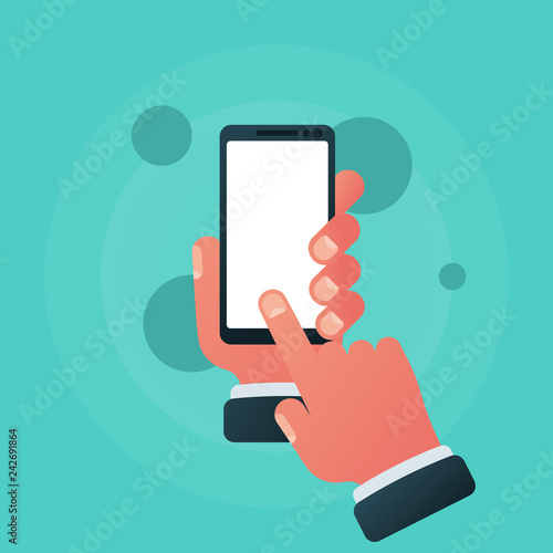 Smartphone in hand icon isolated on background. Blank screen. Vector illustration flat style. Template for design. Mobile telephone. Touch your finger across screen.