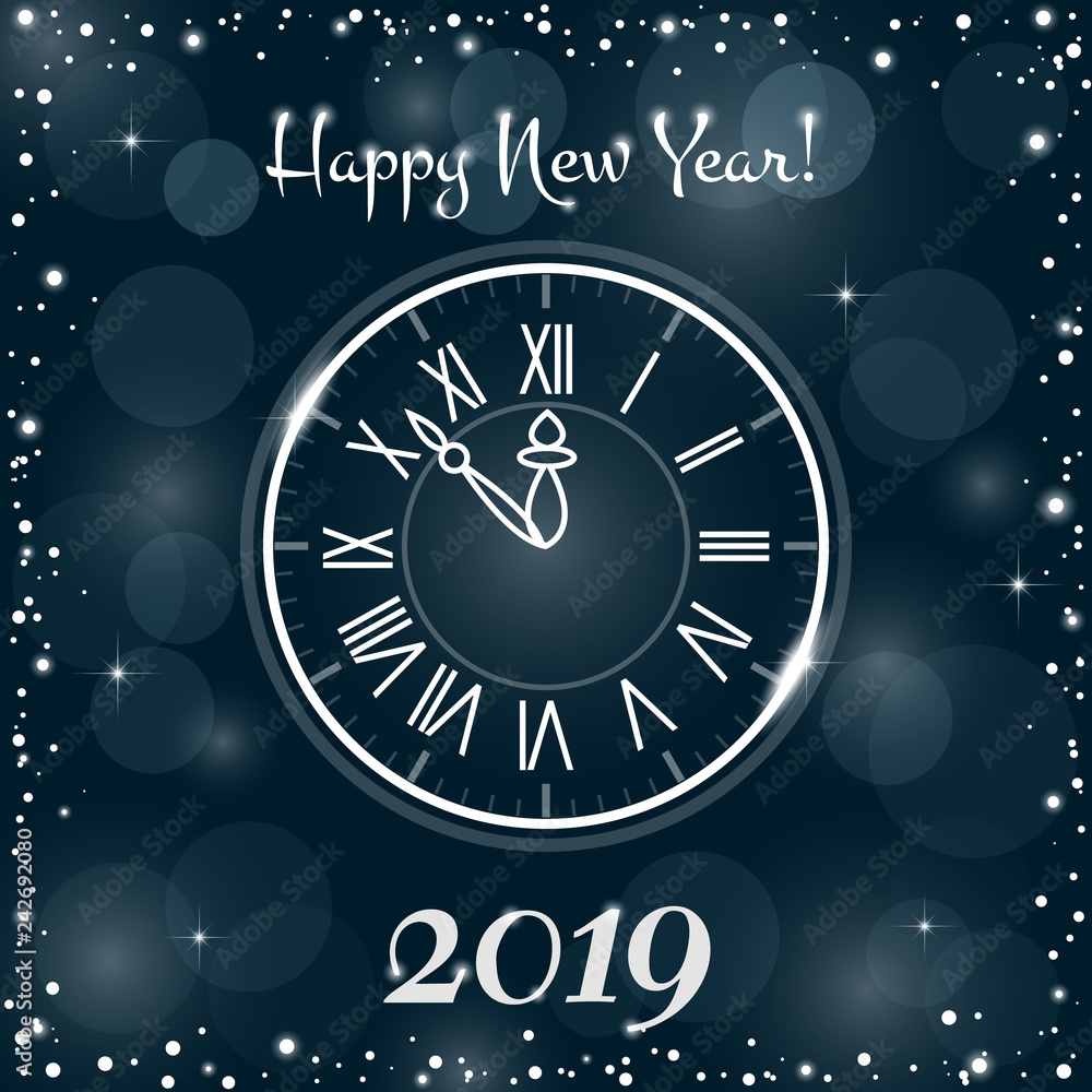 Creative greeting card Happy New Year 2019 and Merry Christmas on a blue background. Luxury watches, numbers and text with twinkling stars and snowflakes. Used as a flyer, poster, invitation. Creative greeting card Happy New Year 2019 and Merry Christmas on a blue background. Luxury watches, numbers and text with twinkling stars and snowflakes. Used as a flyer, poster, invitation.