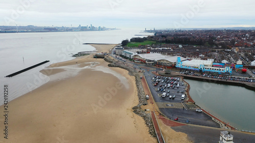 Aerial drone view over New Brighton a seaside area of the town of Wallasey in the UK