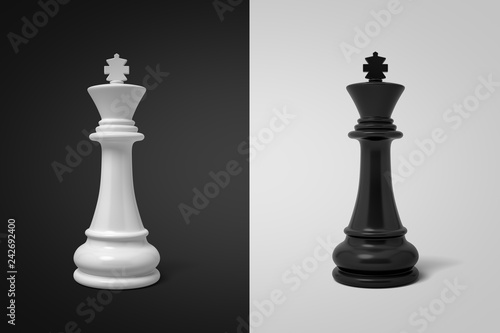 3d rendering of white chess king on black background and black chess king on white background