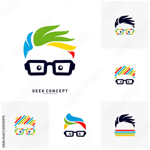 Set of Social Geek Color Logo Concept Vector. Colorful Geek Logo Template - Vector