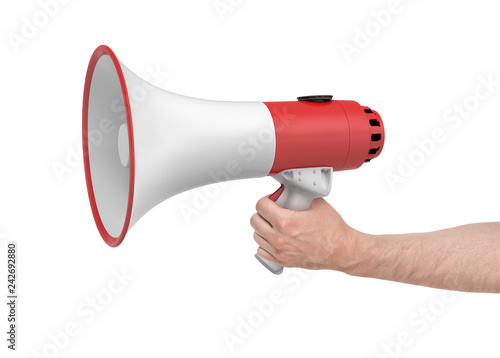 3d rendering of red and white megaphone in hand isolated on white background