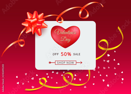 Valentines day sale banner template with red heart and gift bows