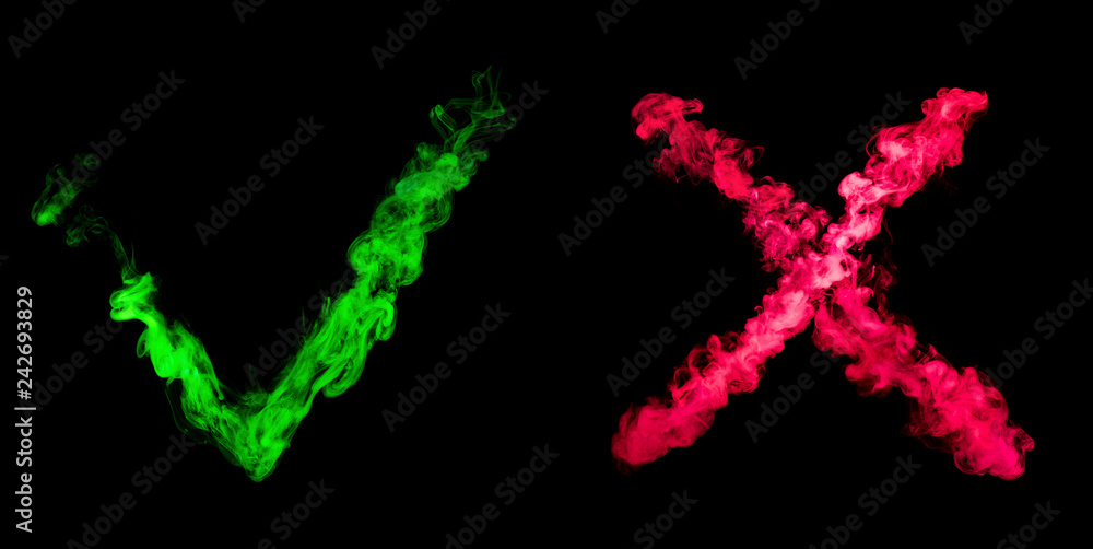 vote and x sign from green and red colorful smoke isolated on black background