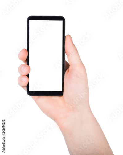 Man s hand holding mobile smart phone with blank screen, isolated on a white background.
