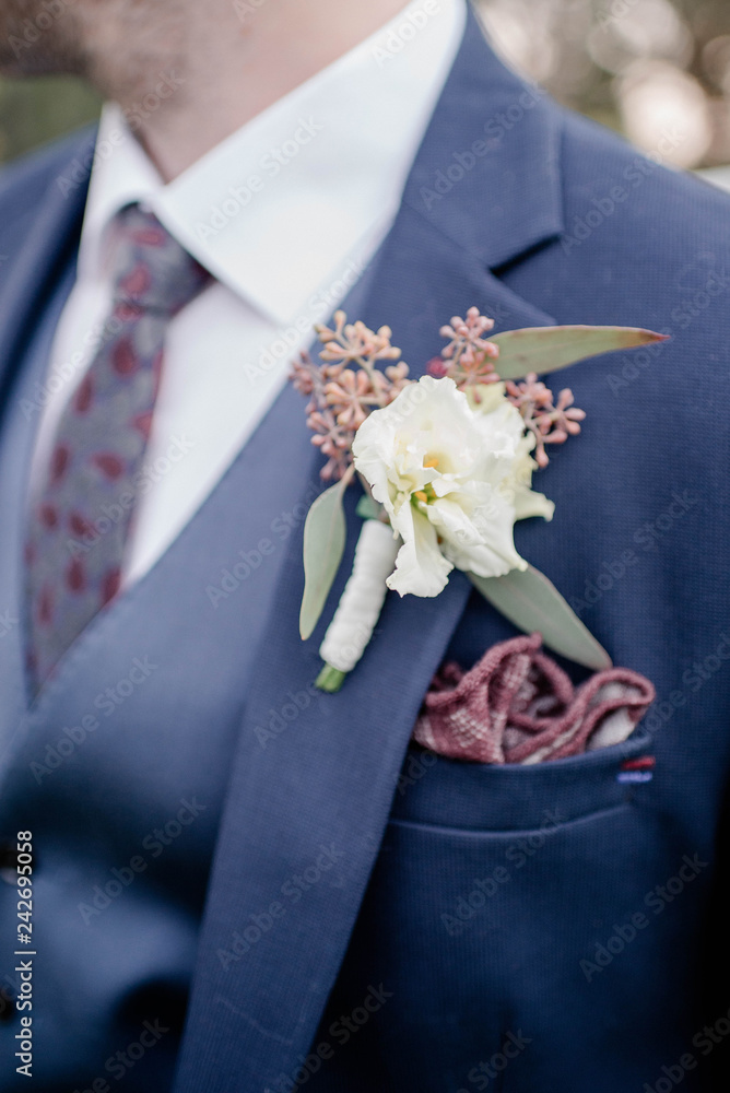 Groom in a suit with a tie and boutonniere. Flower design, floristry. Wedding day and accessories Groom in a suit with a tie and boutonniere. Flower design, floristry. Wedding day and accessories