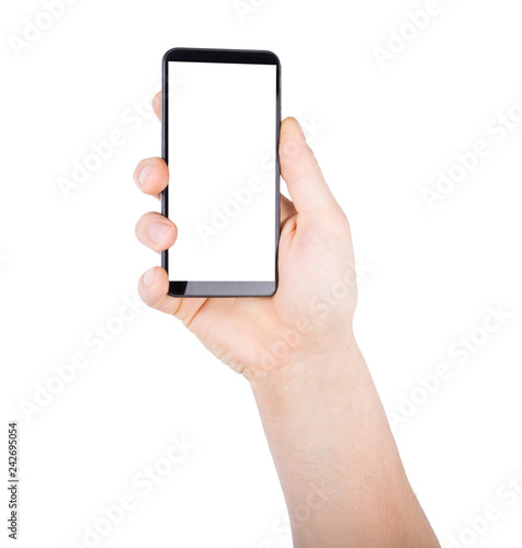 Man s hand holding mobile smart phone with blank screen, isolated on a white background.