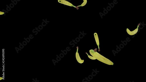 Fresh bananas falling down on black background. Realistic 3d render photo