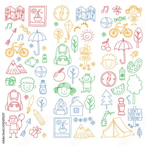 Vector set of camping, hiking icons for little children. School and kindergarten kids vacation.