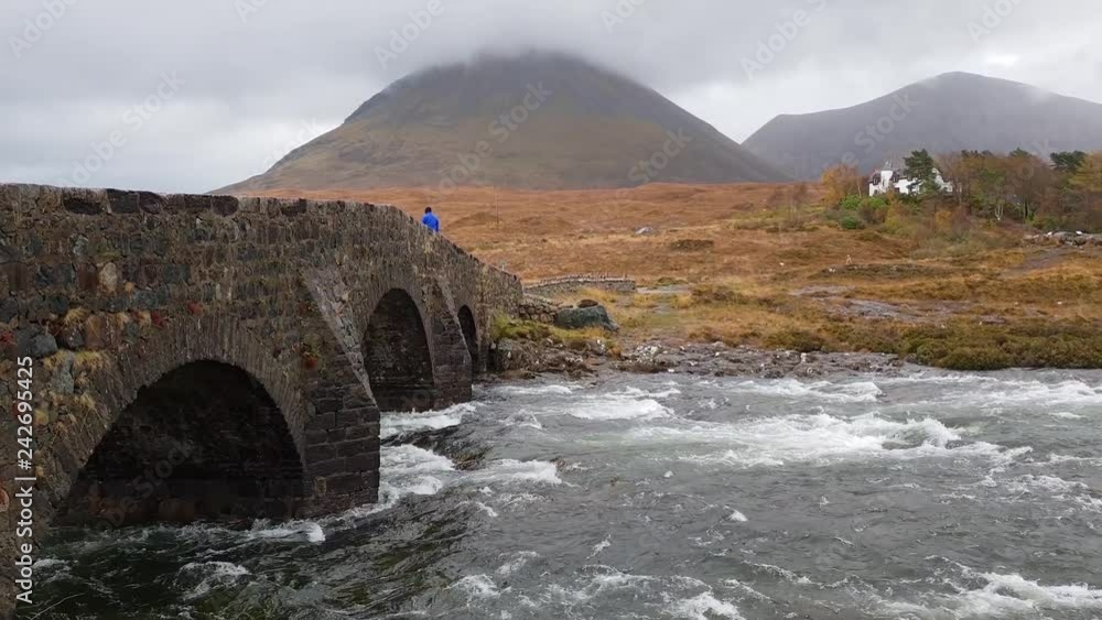 The Sligachan Old stone Bridge over River Sligachan with Beinn Dearg Mhor and Marsco peak of Red Cuillin mountains in autumn Isle of Skye Scotland UK The Sligachan Old stone Bridge over River Sligachan with Beinn Dearg Mhor and Marsco peak of Red Cuillin mountains in autumn Isle of Skye Scotland UK