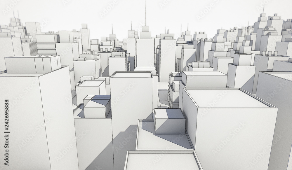 Obraz premium White cityscape with wireframe line background. Many buildings. 3D Rendering Illustration.