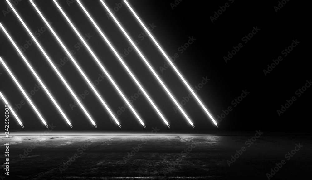 Futuristic Sci Fi White Neon Light On Dark Room Background, Dark