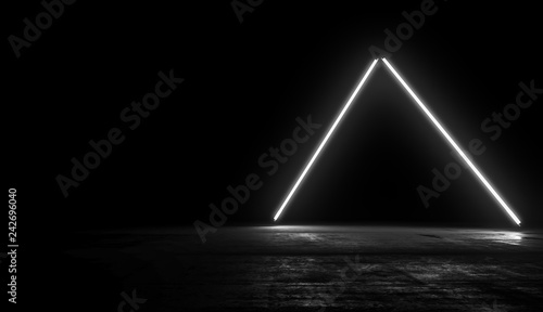 Neon Glowing Lights Futuristic Background. White colors Line In Empty Dark Room With Concrete Floor and Reflections.Future Sci Fi Concept. 3D Rendering Illustration