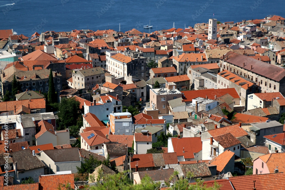 Historic city centre of Sibenik, Croatia. Adriatic Sea in the background. View from the Barone Fortress.