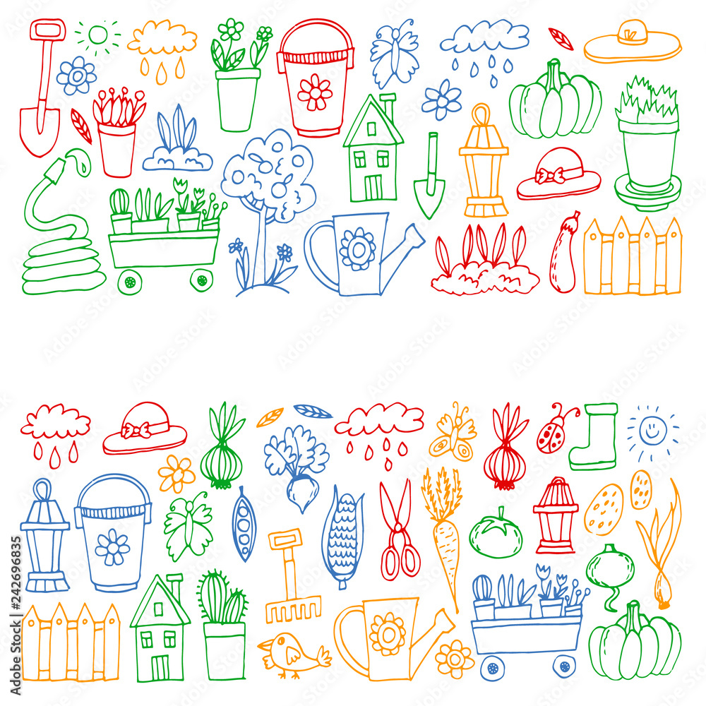 Garden, agriculture, garden tools, equipment, harvest. Icons of gardening items.