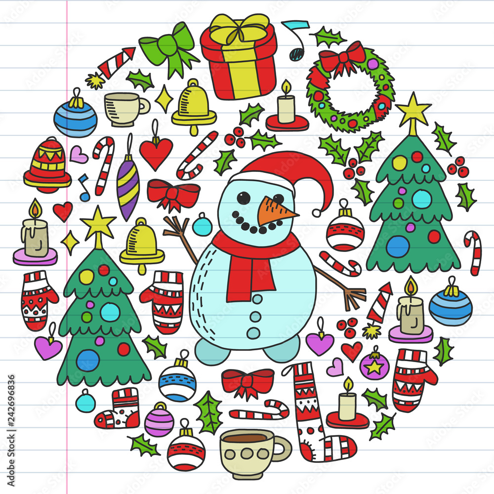 Vector set of Christmas, holiday icons in doodle style. Painted, colorful, pictures on a piece of linear paper on white background. Vector set of Christmas, holiday icons in doodle style. Painted, colorful, pictures on a piece of linear paper on white background.