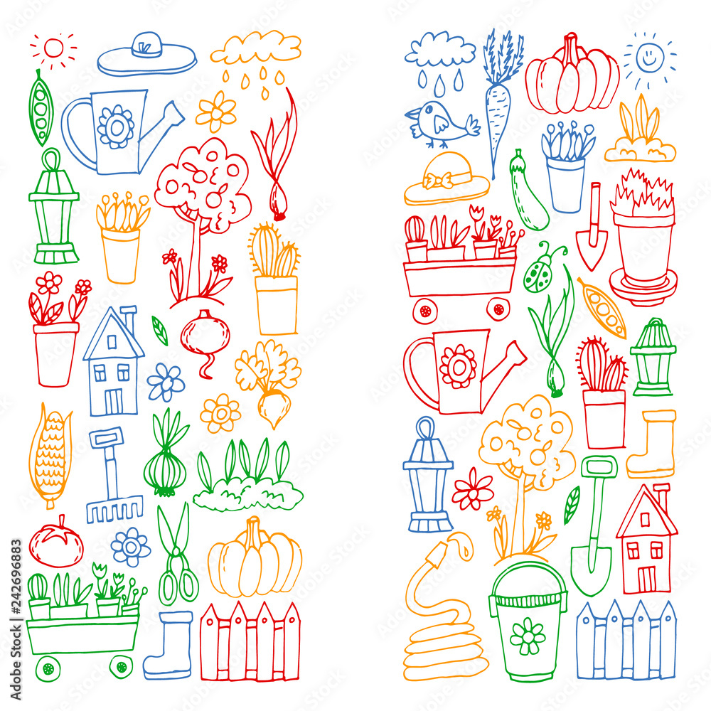 Garden, agriculture, garden tools, equipment, harvest. Icons of gardening items. Garden, agriculture, garden tools, equipment, harvest. Icons of gardening items.