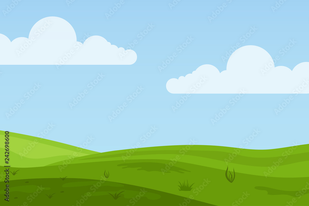 Vector illustration of fields landscape with a green hills, blue sky, and forest in flat style. Rural landscape. Vector illustration.