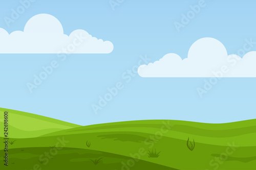 Vector illustration of fields landscape with a green hills  blue sky  and forest in flat style. Rural landscape. Vector illustration.