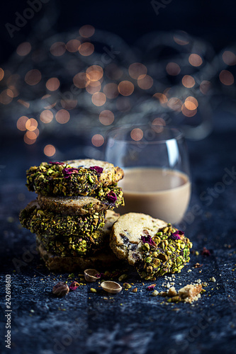 Rosewater and pistachio shortbread with creme liquor