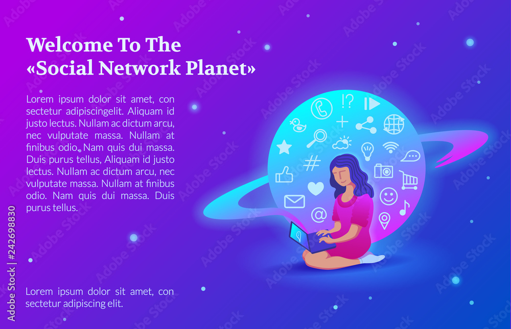 Concept illustration of young woman using a laptop to be a part of online community. Concept illustration of young woman using a laptop to be a part of online community.