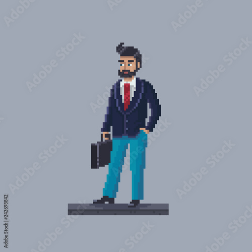 Pixel art businessman personage. Young man with briefcase.