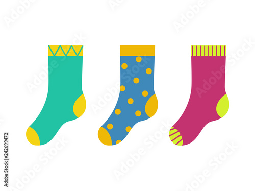 RVB de base. Vector illustration of set of kid colorful socks. Doted blue socks, Striped pink socks.