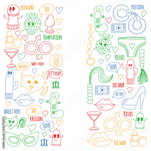 Funny icons for sex shop. Cute cartoon characters. Dildo  strawberry  condom  heart. Love and play