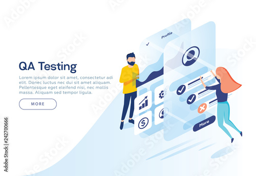 People testing the interface and usability of a mobile application. Isometric illustration. Landing page concept.