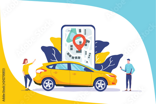 Online car sharing vector illustration concept, mobile city transportation with cartoon character and use smartphone