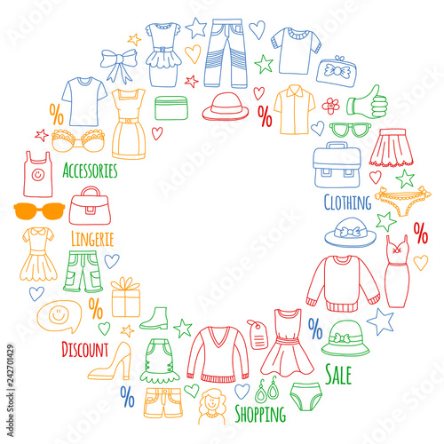 Shopping, market, store. Clothes and fashion icons