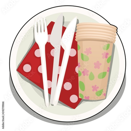 A set of disposable tableware isolated on white background. Vector cartoon close-up illustration.