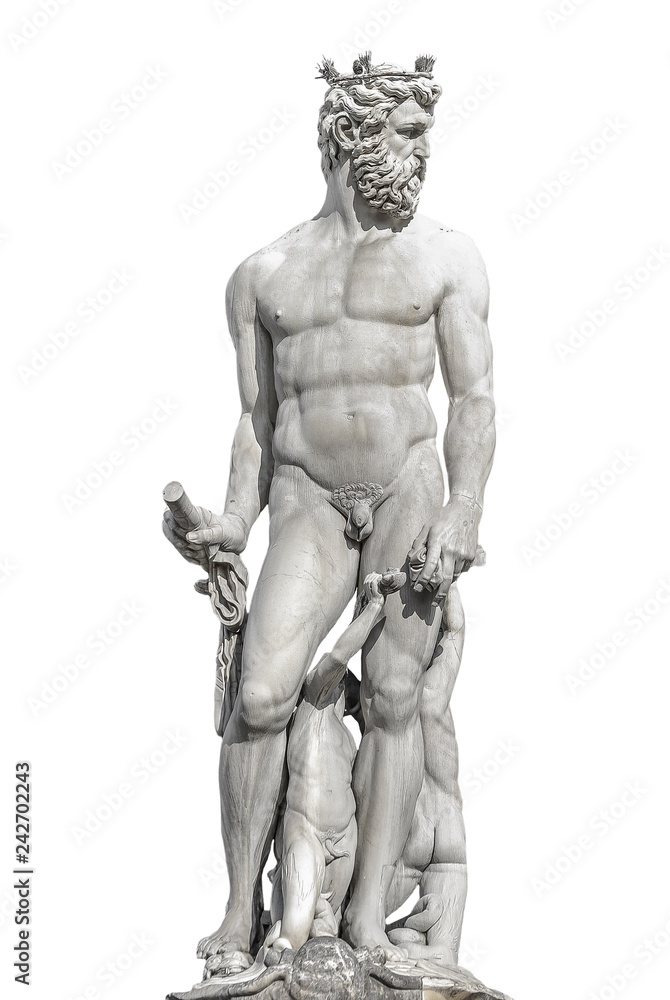 Statue of powerful Neptune in Florence, Italy, isolated at white background, details Statue of powerful Neptune in Florence, Italy, isolated at white background, details