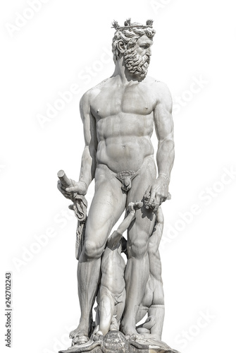 Statue of powerful Neptune in Florence, Italy, isolated at white background, details