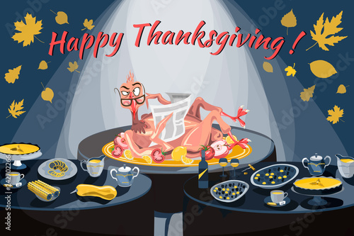 Vector illustration of a turkey reading a newspaper with a brazen face on a festive table with other dishes. Thanksgiving greeting card, banner, poster design