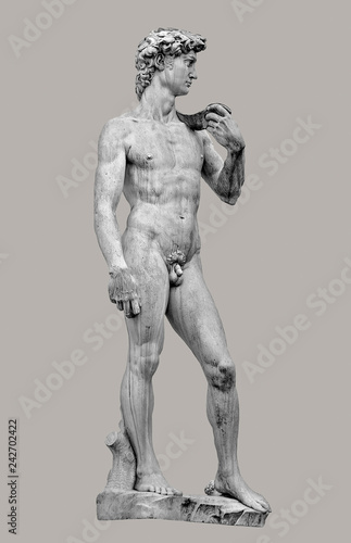 Statue of handsome and strong David at Piazza Della Signoria in Florence, isolated at even background, Italy, details