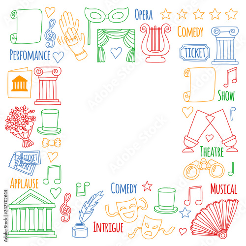 Vector set with theatre icons. Entertainment, show, musical perfomance